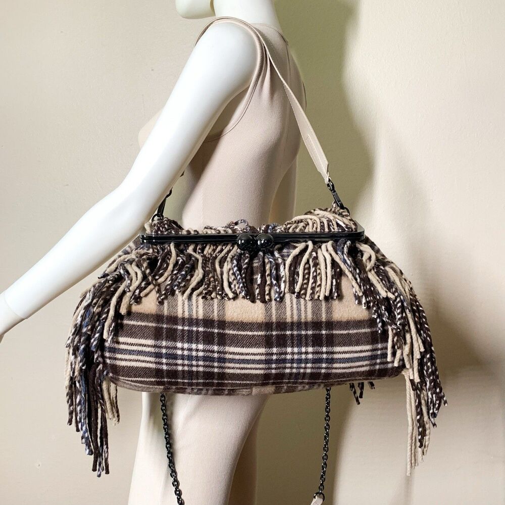 Pasticcino Weekend Max Mara Brown Plaid Large Bag Fringe Shoulder Crossbody